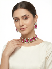 Ruby Pink Stone Pearl Choker Set