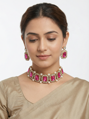 Ruby Pink Stone Pearl Choker Set
