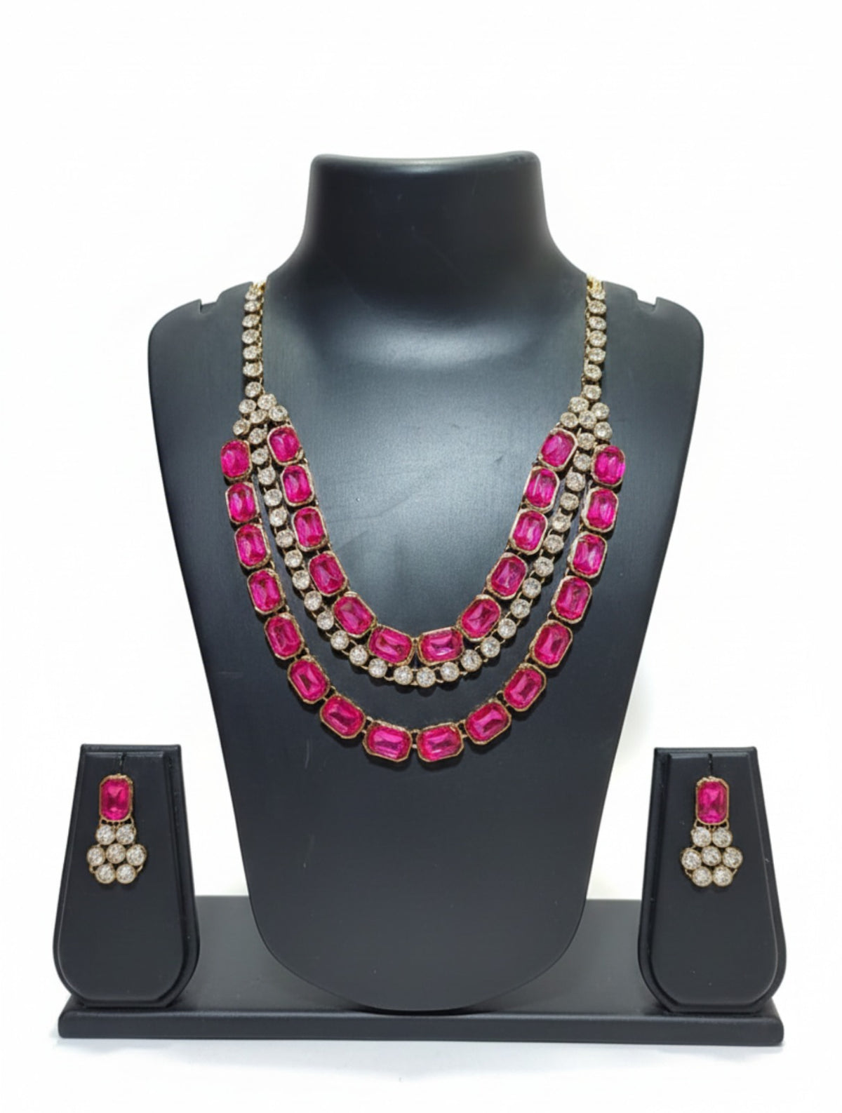 Rani Pink Layered Stone Necklace Set