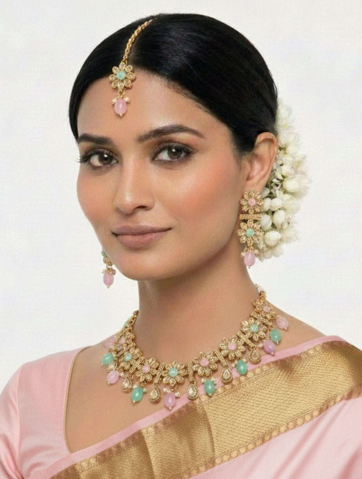 Pastel Blossom Kundan Stone Jewellery Set