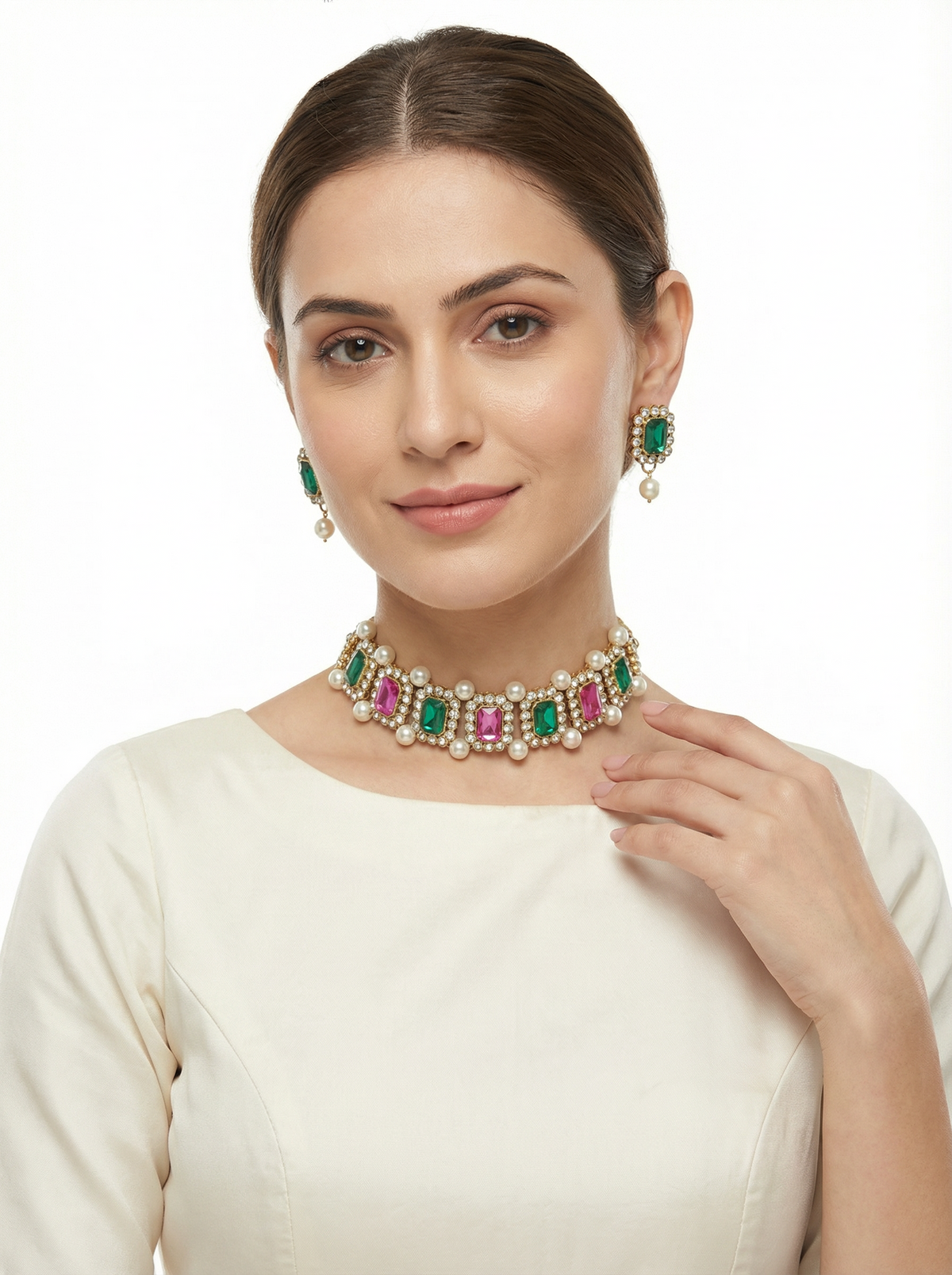 Royal Navratna Pearl Choker Necklace with Earrings