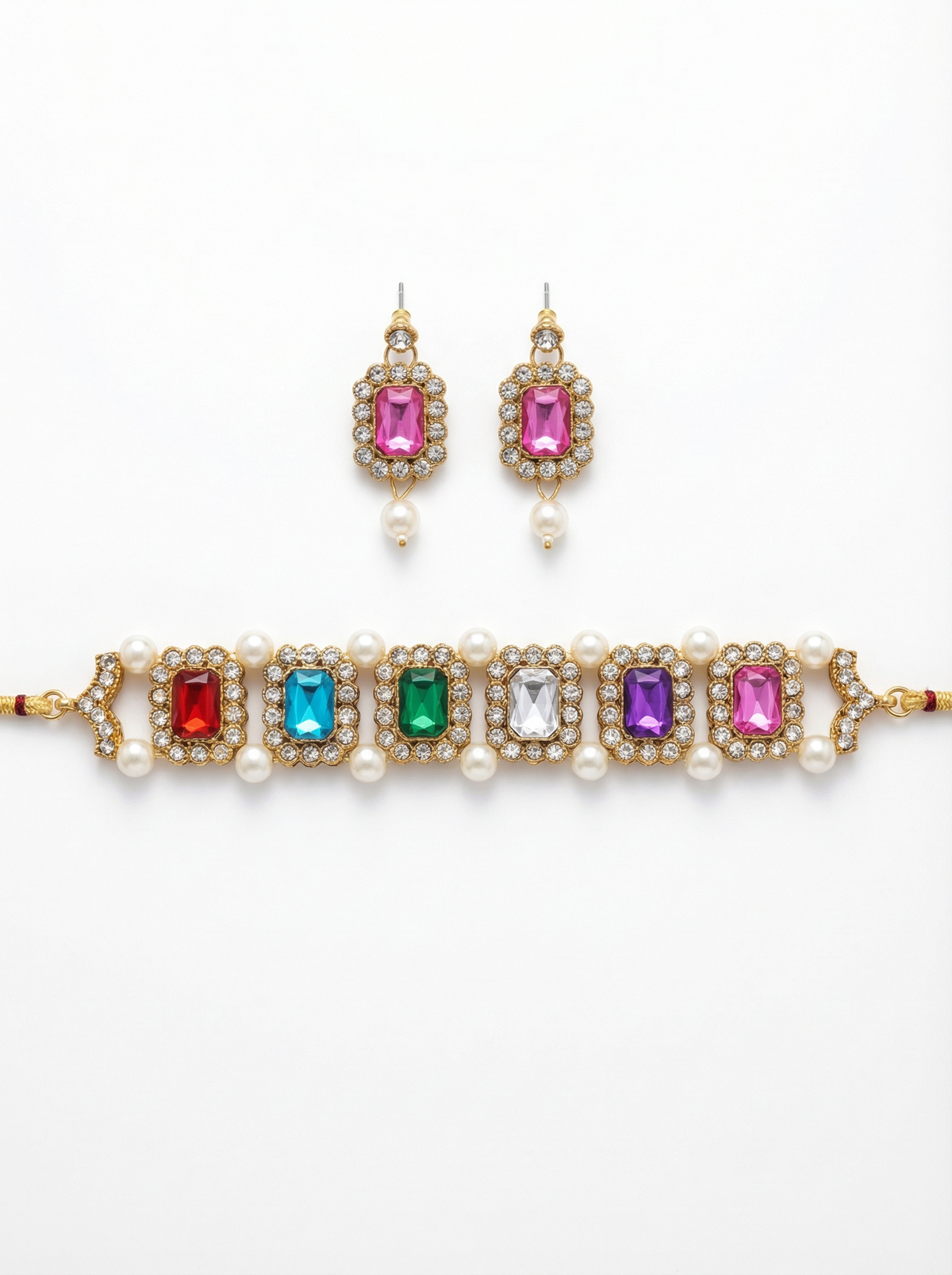 Royal Navratna Pearl Choker Necklace Set