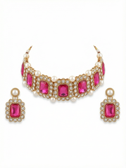 Ruby Pink Stone Pearl Choker Set