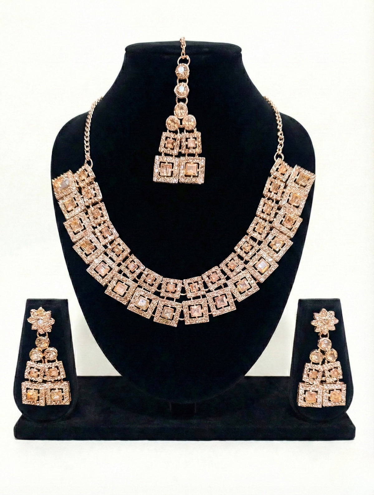 Rose Gold Square Royale American Diamond Necklace Set
