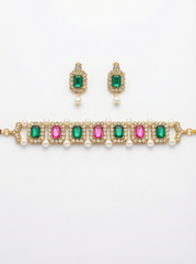 Royal Navratna Pearl Choker Necklace with Earrings